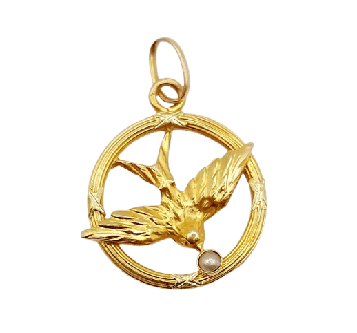 Art nouveau - Pendentif hirondelle en or 18K et perle