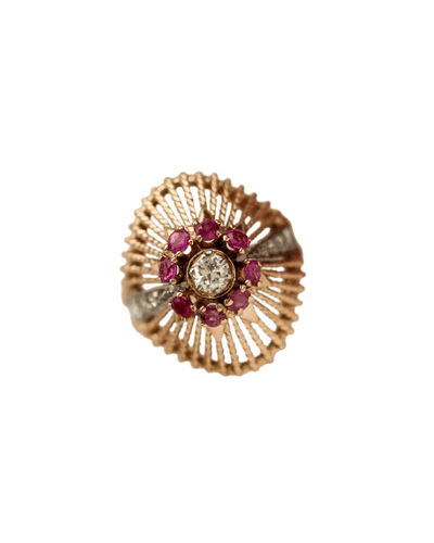 Bague 49 Dôme fils torsadés - Bague en or rose 750, rubis Verneuil et diamants, 1950 58 Facettes A12137