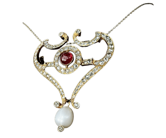 Art Nouveau - Broche-pendentif en or jaune, rubis, perle fine et diamants