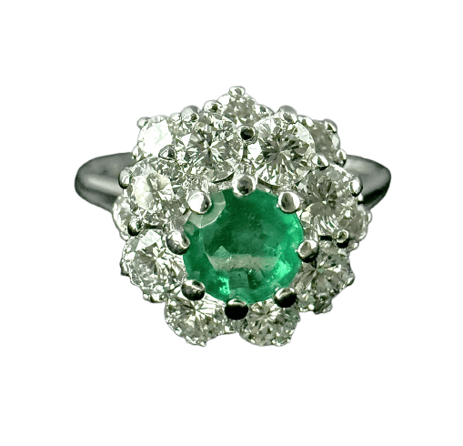 Bague marguerite en or blanc 18 carats, émeraude et diamants