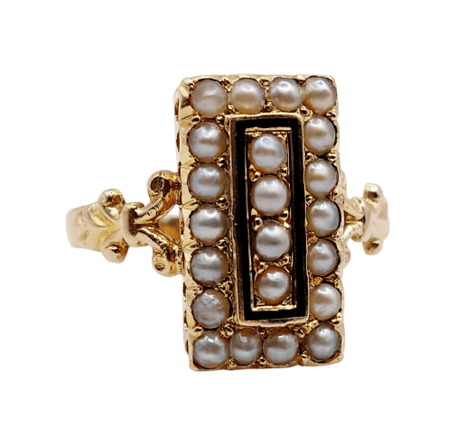 Bague 52.5 Bague marquise victorienne en or rose, perles et émail noir 58 Facettes A07698