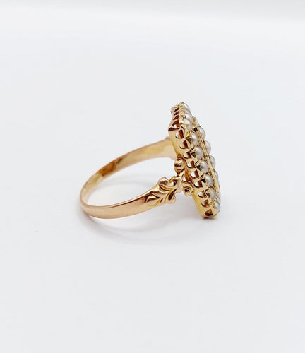 Bague 52.5 Bague marquise victorienne en or rose, perles et émail noir 58 Facettes A07698