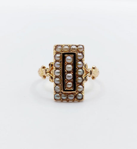 Bague 52.5 Bague marquise victorienne en or rose, perles et émail noir 58 Facettes A07698
