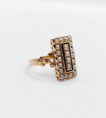 Bague 52.5 Bague marquise victorienne en or rose, perles et émail noir 58 Facettes A07698