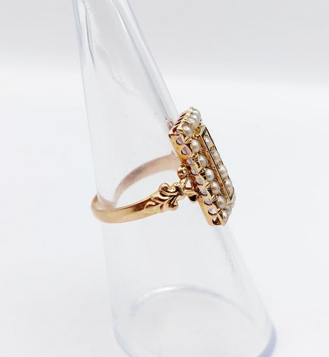 Bague 52.5 Bague marquise victorienne en or rose, perles et émail noir 58 Facettes A07698