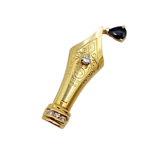 Pendentif plume vintage en or 18k, diamant et saphir