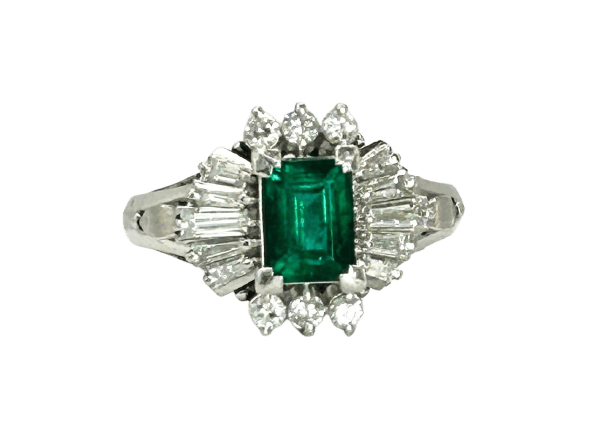 Ballerina - Bague vintage en platine, émeraude de Zambie et diamants