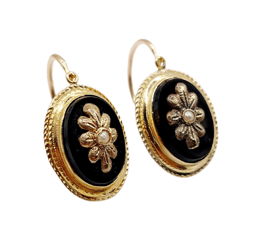 Dormeuses victoriennes - Boucles d'oreilles en or 18k, onyx et perles 58 Facettes A07706