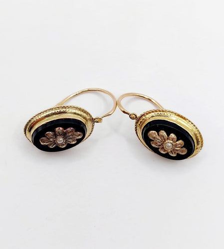 Dormeuses victoriennes - Boucles d'oreilles en or 18k, onyx et perles 58 Facettes A07706