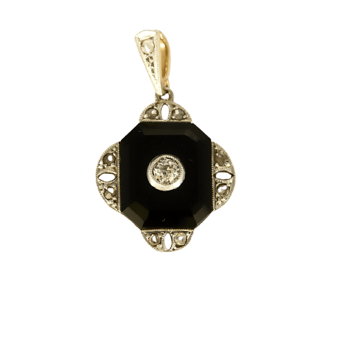 Art déco - Pendentif en or jaune et blanc, onyx et diamants 58 Facettes B260456