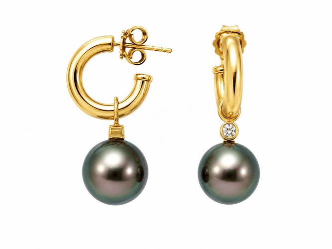 Créoles - Boucles d'oreilles en or jaune, perles de Tahiti et diamants 58 Facettes BO266
