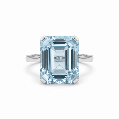 56 Bague Mid-Century en platine avec aigue-marine naturelle 58 Facettes RI-1071