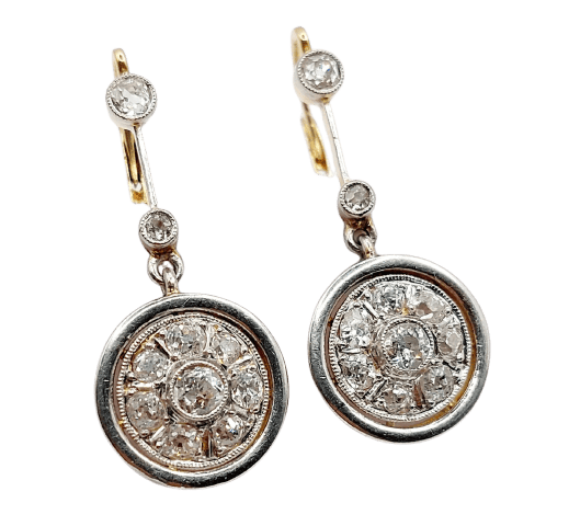 Art déco - Dormeuses cible en or 18K, platine et diamants