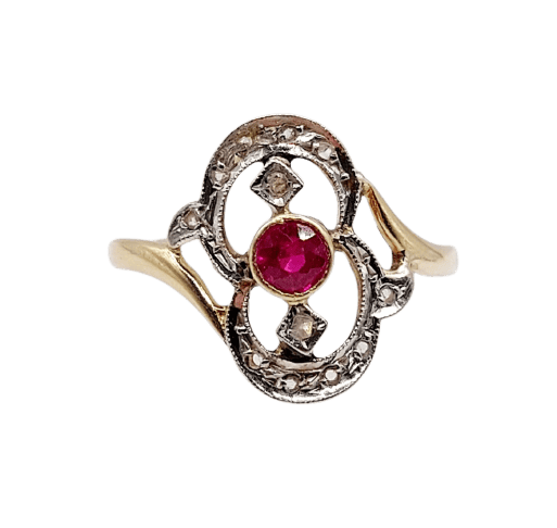 Bague tourbillon antique en or 18k, platine, rubis synthétique et diamants