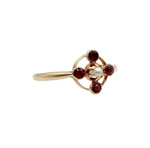 Bague marguerite antique en or 18k, perle et pierres rouges