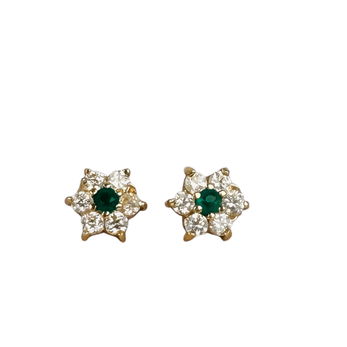 Boucles d'oreilles puces vintage en or jaune, émeraudes et saphirs blancs