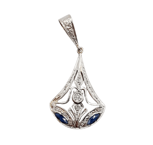 Art déco - Pendentif en or blanc 18k, platine, diamants et saphirs 58 Facettes A07721