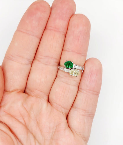 Bague 51 Bague toi et moi en or blanc 18k, diamant jaune et tsavorite 58 Facettes A07724