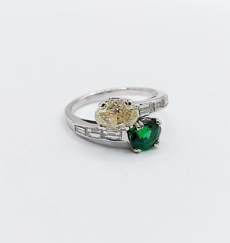 Bague 51 Bague toi et moi en or blanc 18k, diamant jaune et tsavorite 58 Facettes A07724