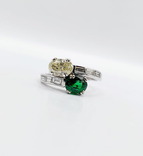 Bague 51 Bague toi et moi en or blanc 18k, diamant jaune et tsavorite 58 Facettes A07724