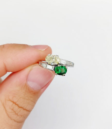 Bague 51 Bague toi et moi en or blanc 18k, diamant jaune et tsavorite 58 Facettes A07724