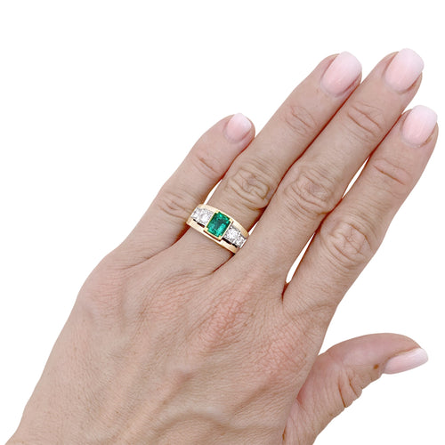 Bague 54 Bague bandeau en or jaune et blanc avec émeraude et diamants 58 Facettes 35799