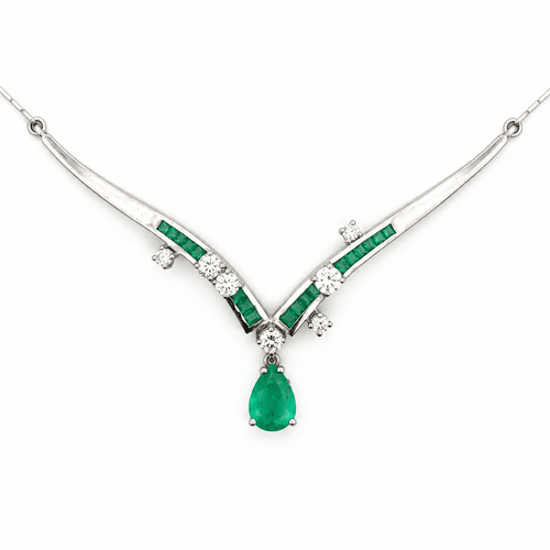 Collier Collier Art déco en or blanc avec émeraude colombienne et diamants 58 Facettes 50506