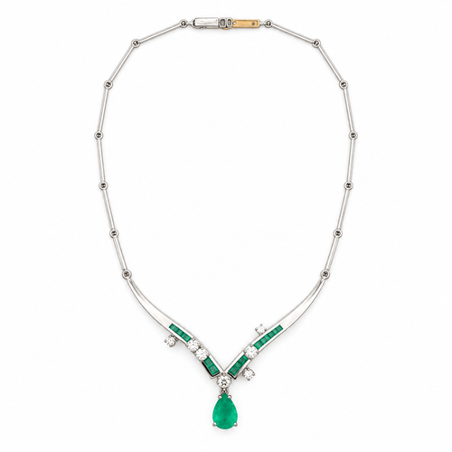 Collier Collier Art déco en or blanc avec émeraude colombienne et diamants 58 Facettes 50506