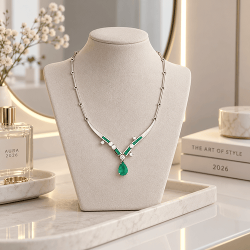 Collier Collier Art déco en or blanc avec émeraude colombienne et diamants 58 Facettes 50506