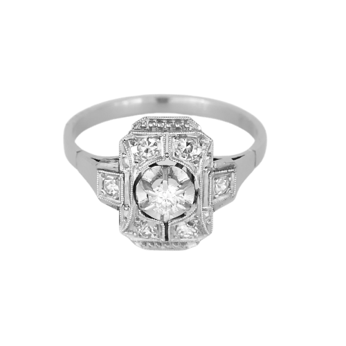 Bague 1950 en or blanc, platine et diamants