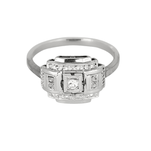 Bague années 1950 en or blanc, platine et diamants