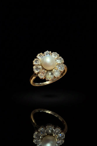 Bague 55 Bague austro-hongroise fleur en or jaune, perle et diamants 58 Facettes