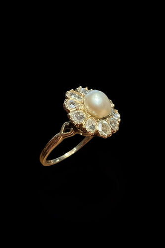 Bague 55 Bague austro-hongroise fleur en or jaune, perle et diamants 58 Facettes