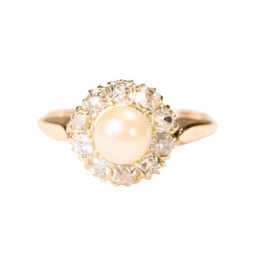 53 Bague marguerite en or rose, perle de culture et diamants 58 Facettes LMB-394