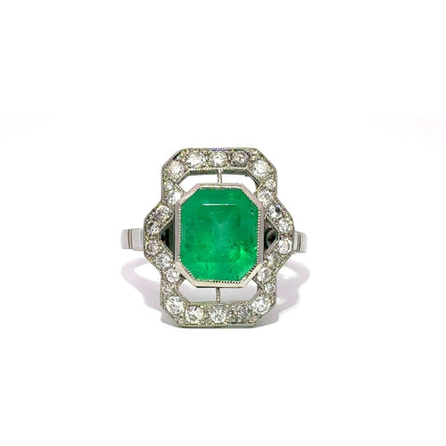 Bague 55 Art déco - Bague en platine avec émeraude et diamants 58 Facettes 50511