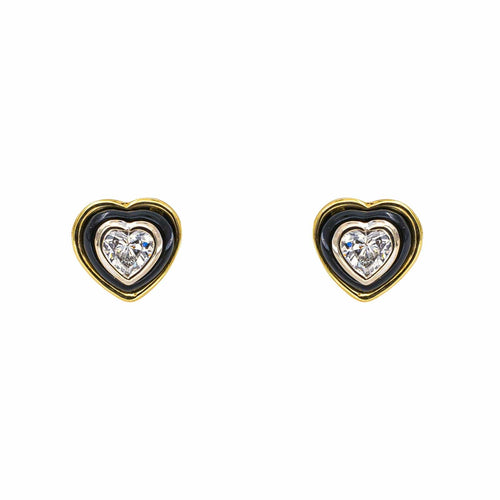 Boucles d'oreilles puces cœur en or jaune et blanc, diamants et onyx 58 Facettes 5912933CN