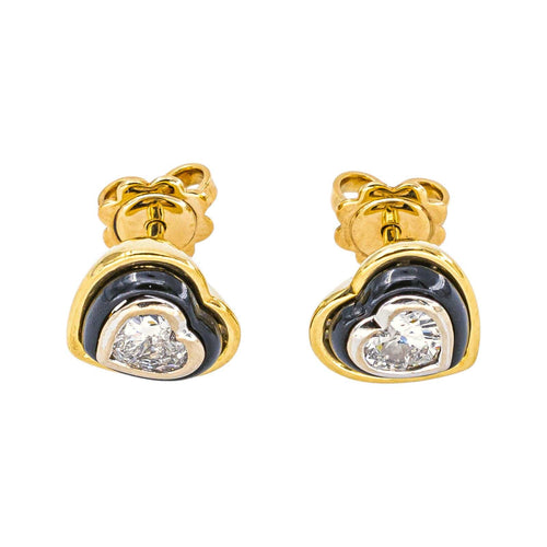 Boucles d'oreilles puces cœur en or jaune et blanc, diamants et onyx 58 Facettes 5912933CN