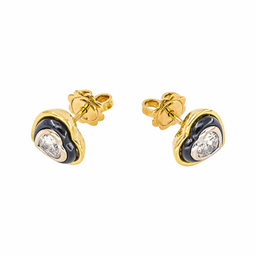 Boucles d'oreilles puces cœur en or jaune et blanc, diamants et onyx 58 Facettes 5912933CN