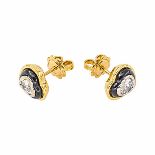 Boucles d'oreilles puces cœur en or jaune et blanc, diamants et onyx 58 Facettes 5912933CN