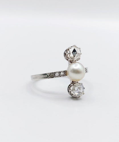 49 Bague antique en platine, perle et diamants taille rose 58 Facettes A07745