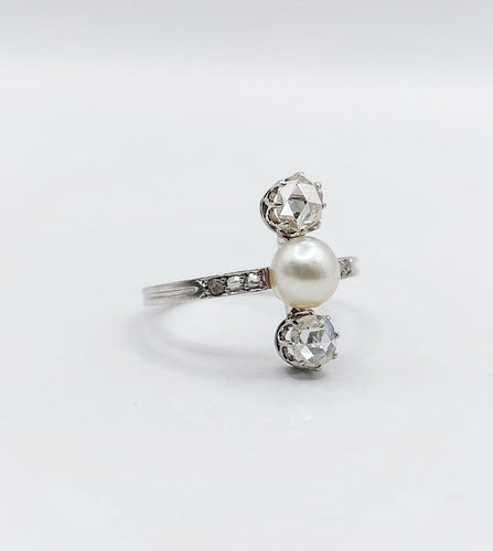 49 Bague antique en platine, perle et diamants taille rose 58 Facettes A07745