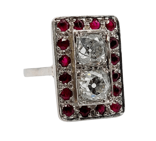 Bague Tank Art déco en platine, diamants et rubis