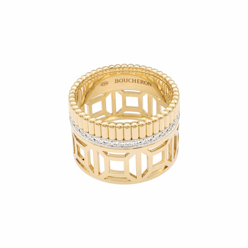 Bague 54 Boucheron Quatre Radiant - Bague ajourée en or jaune, or blanc et diamants 58 Facettes 35991