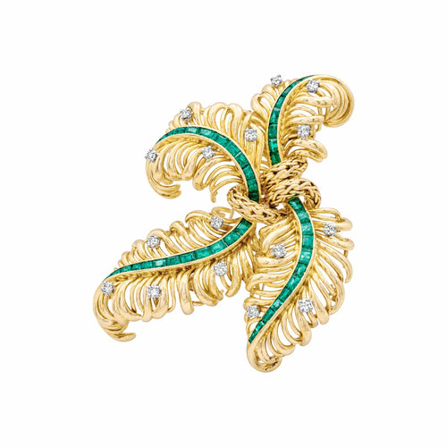 Broche Chaumet Panache - Broche en or jaune, diamants et émeraudes 58 Facettes 35752