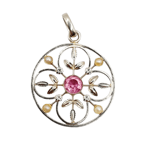Art nouveau - Pendentif en or blanc 18k, perles et pierre violette