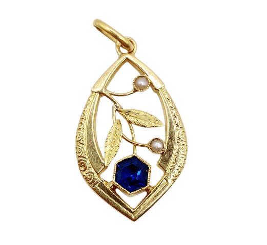 Pendentif fleur Art nouveau en or 18K, perles et pierre bleue