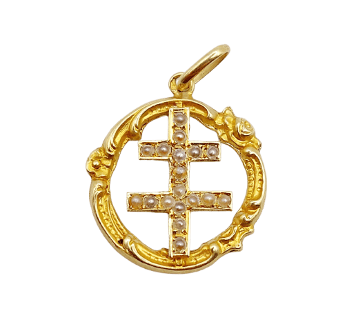 Pendentif croix de Lorraine en or 18k et perles