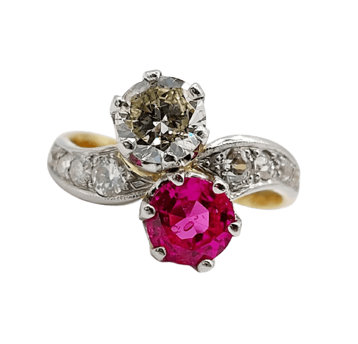 50 Bague toi et moi en or 18k, platine, diamant et rubis 58 Facettes A07775