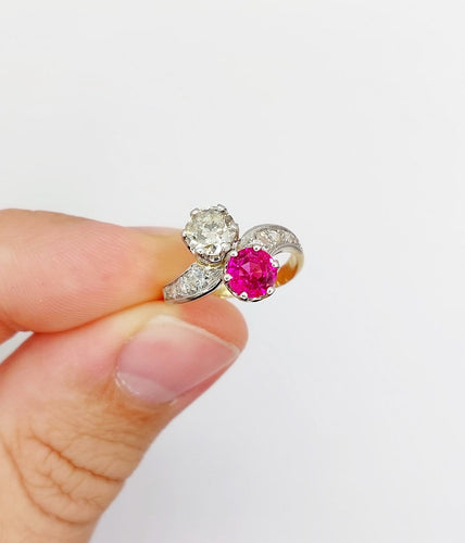 50 Bague toi et moi en or 18k, platine, diamant et rubis 58 Facettes A07775