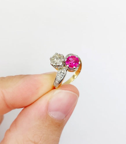 50 Bague toi et moi en or 18k, platine, diamant et rubis 58 Facettes A07775